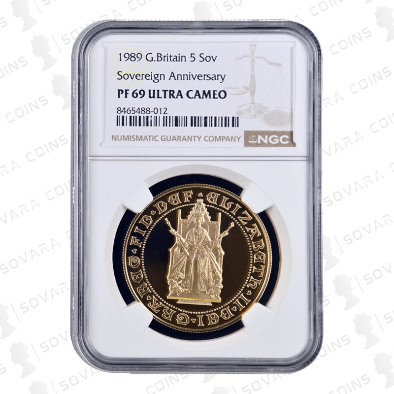 1989 Gold Proof Five Sovereign obverse – Queen Elizabeth II crowned portrait PF69 Ultra Cameo