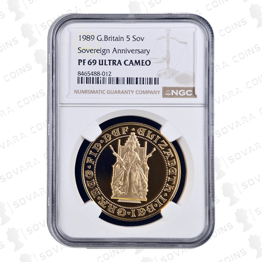 1989 Gold Proof Five Sovereign obverse – Queen Elizabeth II crowned portrait PF69 Ultra Cameo