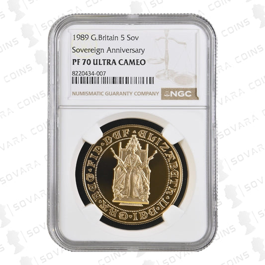 1989 Gold Proof Five Sovereign – PF70 Ultra Cameo – 500th Anniversary Sovereign Design