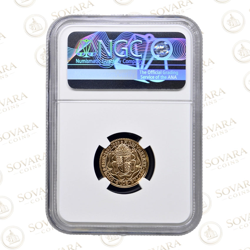 Reverse of 1989 Half Sovereign gold coin featuring the crowned Royal Shield and Tudor Rose 500th anniversary design.