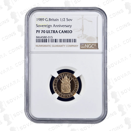 1989 Gold Proof Half Sovereign obverse – crowned portrait of Queen Elizabeth II PF70 Ultra Cameo