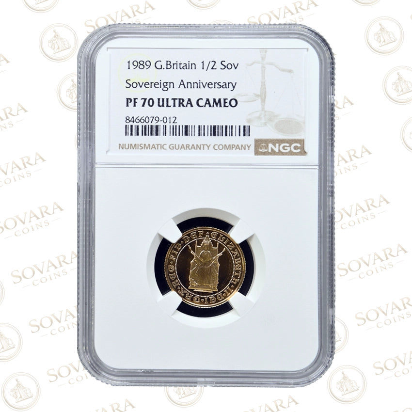 1989 Gold Proof Half Sovereign NGC PF70 Ultra Cameo in protective slab showing the enthroned portrait of Queen Elizabeth II.
