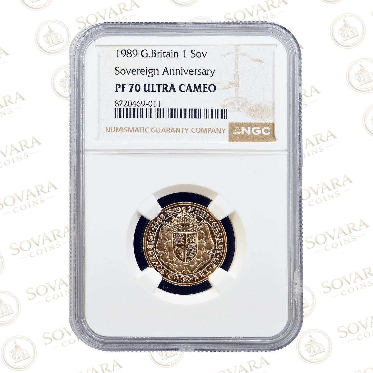 Obverse of 1989 500th Anniversary Gold Proof Sovereign NGC PF70 Ultra Cameo showing Queen Elizabeth II seated on the throne.