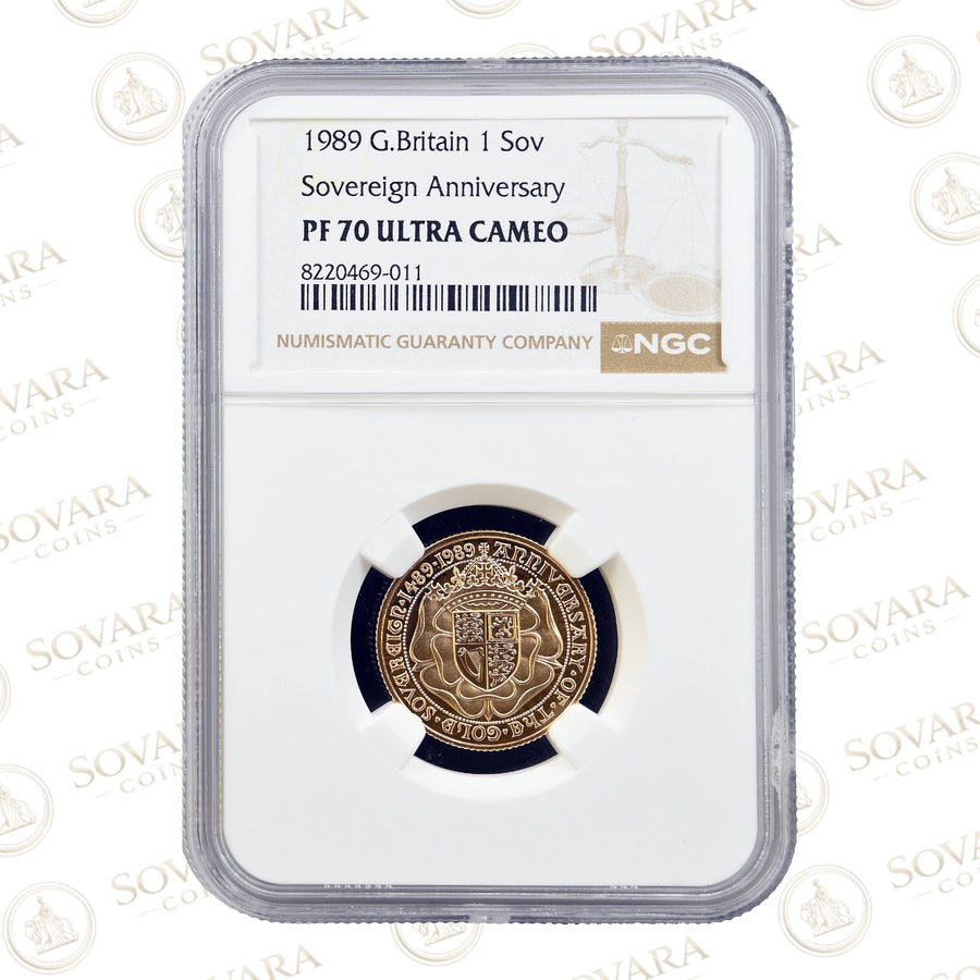 Obverse of 1989 500th Anniversary Gold Proof Sovereign NGC PF70 Ultra Cameo showing Queen Elizabeth II seated on the throne.