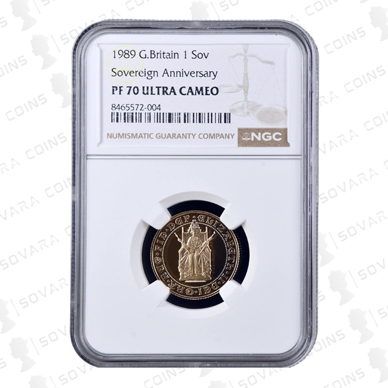 1989 Gold Proof Sovereign obverse – crowned Queen Elizabeth II portrait PF70 UC