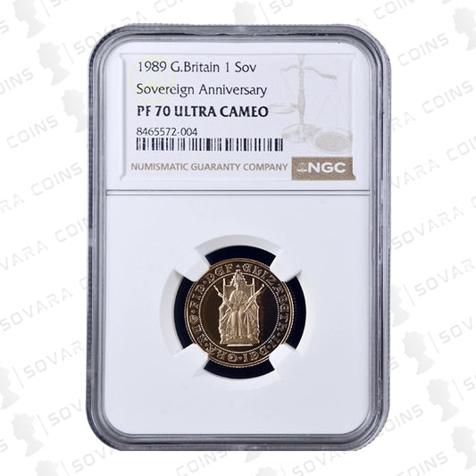 1989 Gold Proof Sovereign obverse – crowned Queen Elizabeth II portrait PF70 UC