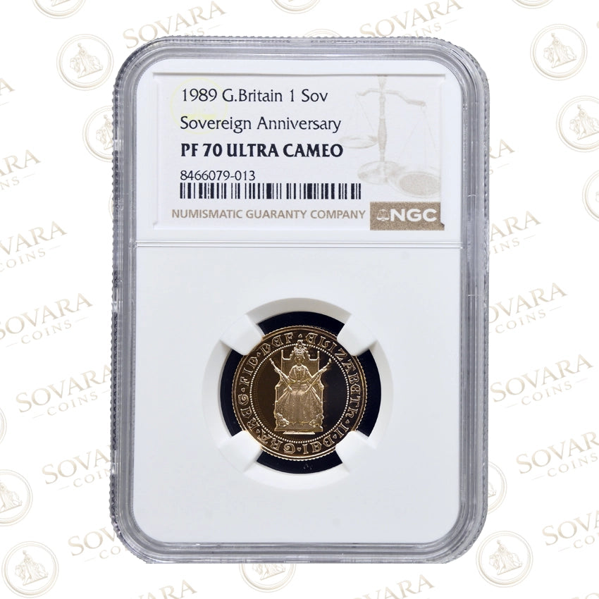 Obverse of 1989 500th Anniversary Gold Proof Sovereign NGC PF70 Ultra Cameo showing Queen Elizabeth II seated on the throne.