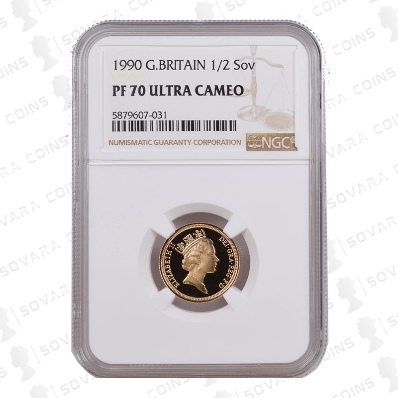 1990 Gold Proof Half Sovereign graded NGC PF70 Ultra Cameo with Machin portrait – obverse and reverse