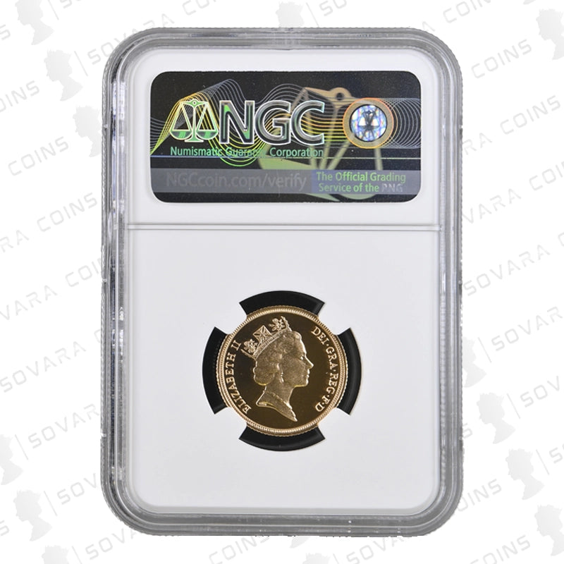 Gold coin in a NGC holder on a white background