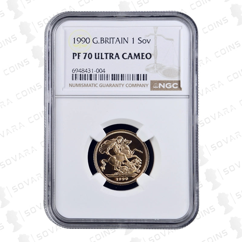 1990 Gold Proof Sovereign PF70 Ultra Cameo obverse and reverse