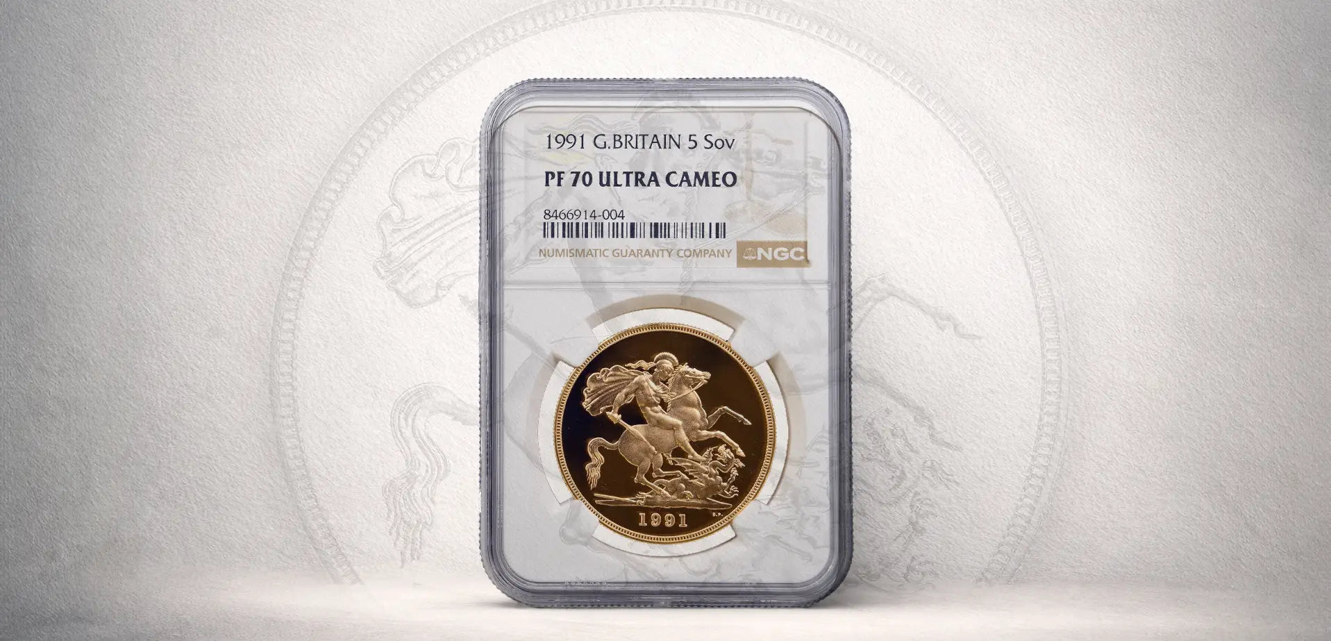 1991 Great Britain 5 Sovereign gold coin, graded NGC PF 70 Ultra Cameo, displayed against a subtle background featuring the St. George and the Dragon reverse design.
