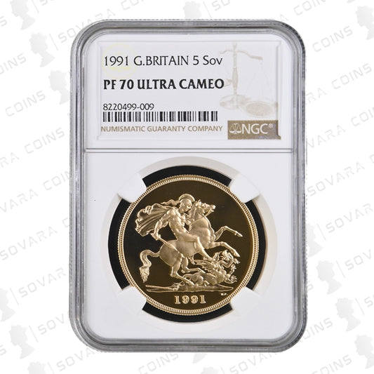 1991 Gold Proof Five Sovereign Coin graded PF70 Ultra Cameo by NGC