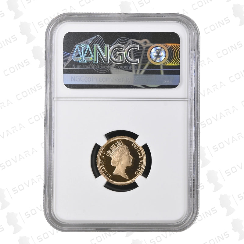 Obverse of 1991 Gold Proof Half Sovereign graded PF70 Ultra Cameo by NGC