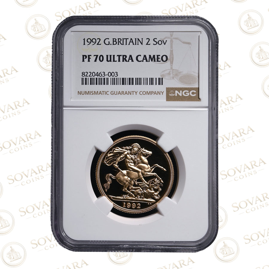 1992 Gold Proof Double Sovereign NGC PF70 Ultra Cameo graded slab