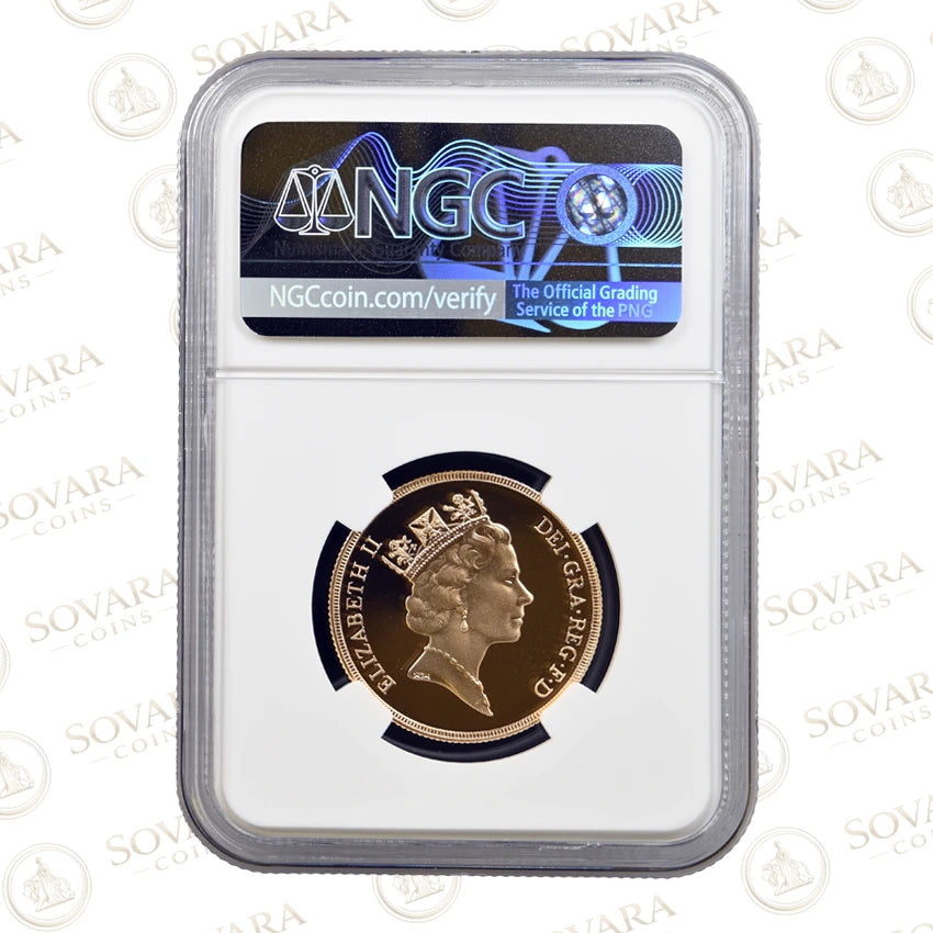 Gold coin in a protective case with NGC grading label on a white background