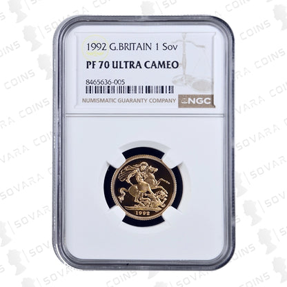 1992 Gold Proof Sovereign graded PF70 Ultra Cameo by NGC