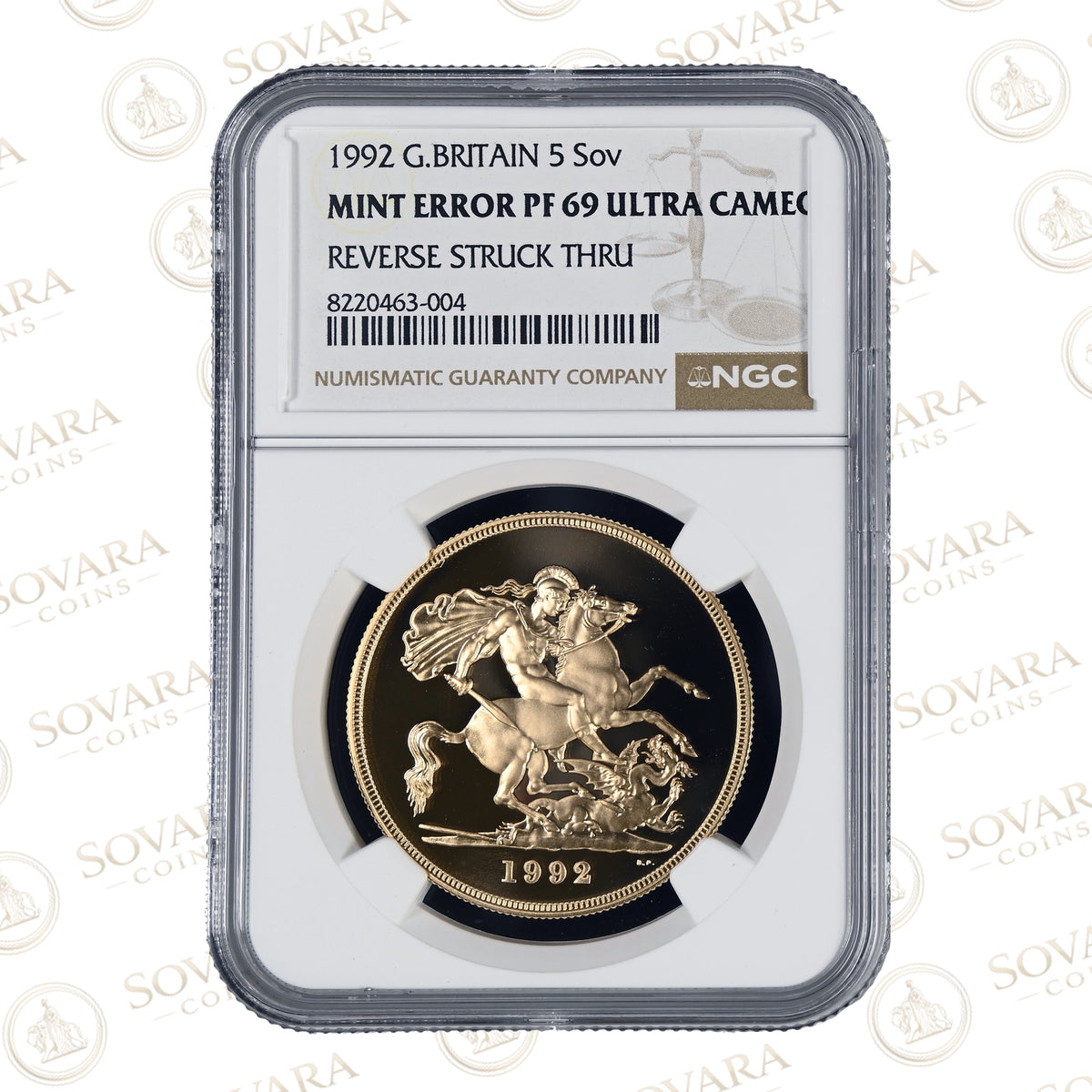 1992 Gold Proof Quintuple Sovereign | Mint Error – Reverse Struck Through | NGC PF69 Ultra Cameo