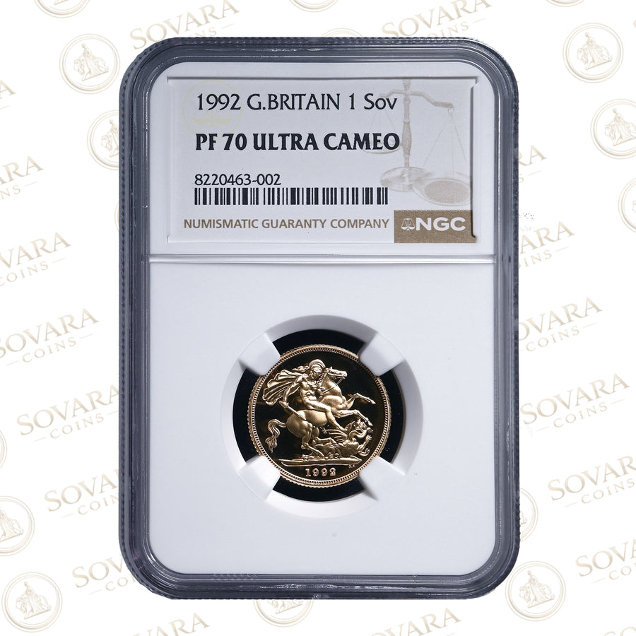 A 1992 Great Britain 1 Sovereign coin graded PF 70 Ultra Cameo by NGC, encapsulated in a clear plastic holder against a white background with faint Sovara Coins watermarks.