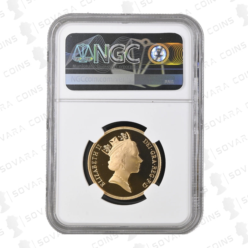 Gold coin in NGC holder on a white background