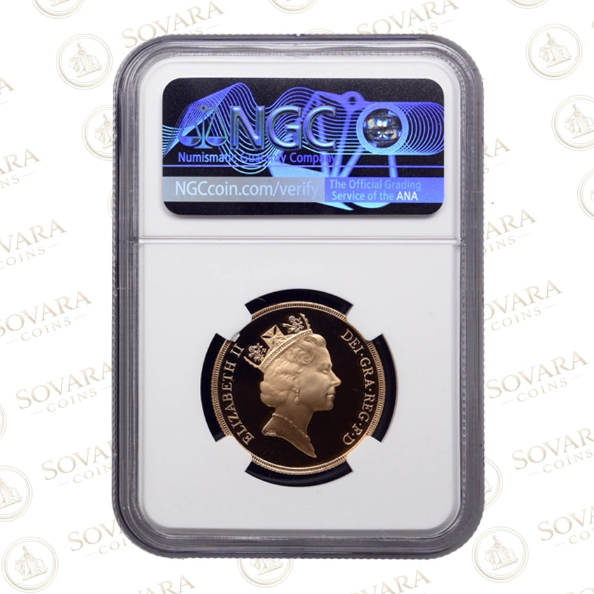 Reverse of 1993 Double Sovereign gold two pound coin showing St George and the Dragon design.