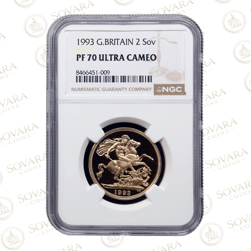 1993 Gold Proof Double Sovereign NGC PF70 Ultra Cameo gold coin in protective grading slab.