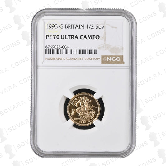 1993 Gold Proof Half Sovereign graded PF70 Ultra Cameo by NGC – Queen Elizabeth II Maklouf portrait