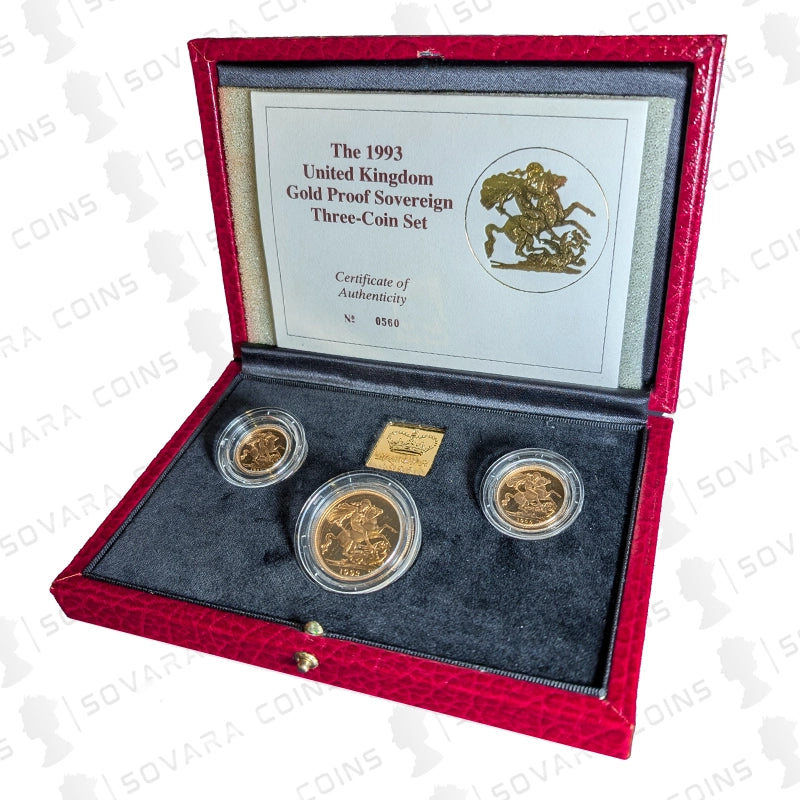 1993 Gold Proof 3-Coin Sovereign Set with Double, Full and Half Sovereign in Royal Mint case