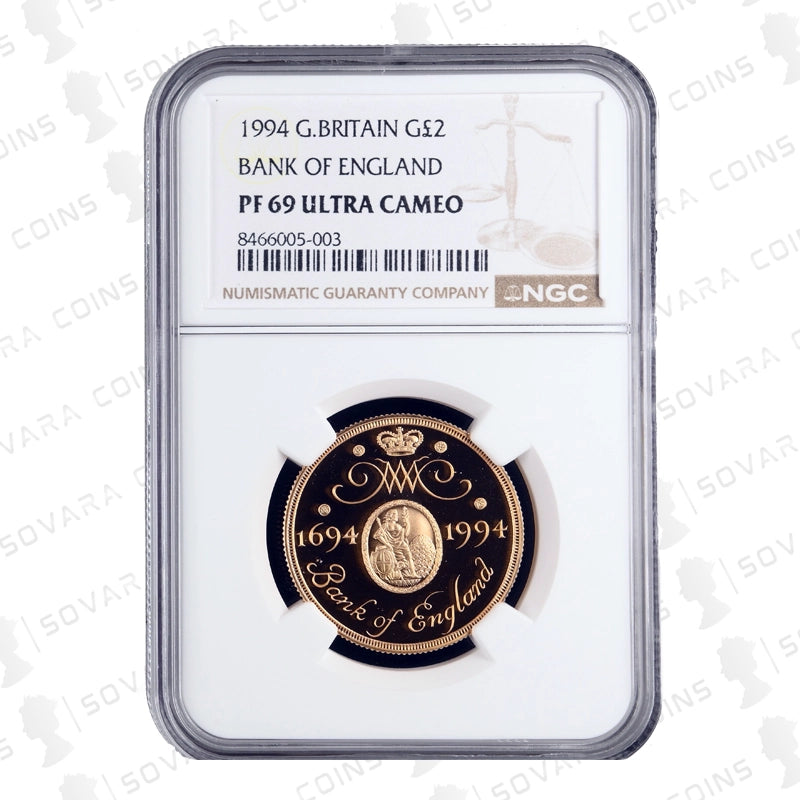 1994 £2 Bank of England Gold Proof Coin PF69 Ultra Cameo – Britannia and Bank building design, NGC graded proof coin