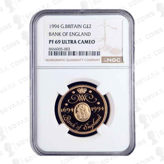 1994 £2 Bank of England Gold Proof Coin PF69 Ultra Cameo – Britannia and Bank building design, NGC graded proof coin