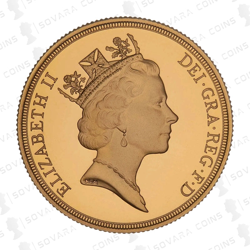 Close-up of 1994 Gold Proof £2 Mule Error showing sovereign obverse and Bank of England reverse