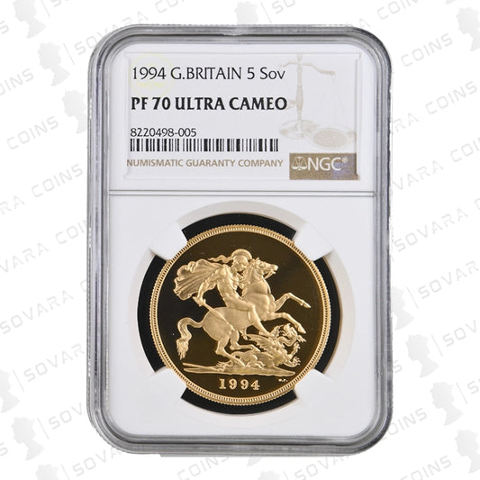 1994 Gold Proof Five Sovereign Coin graded PF70 Ultra Cameo by NGC