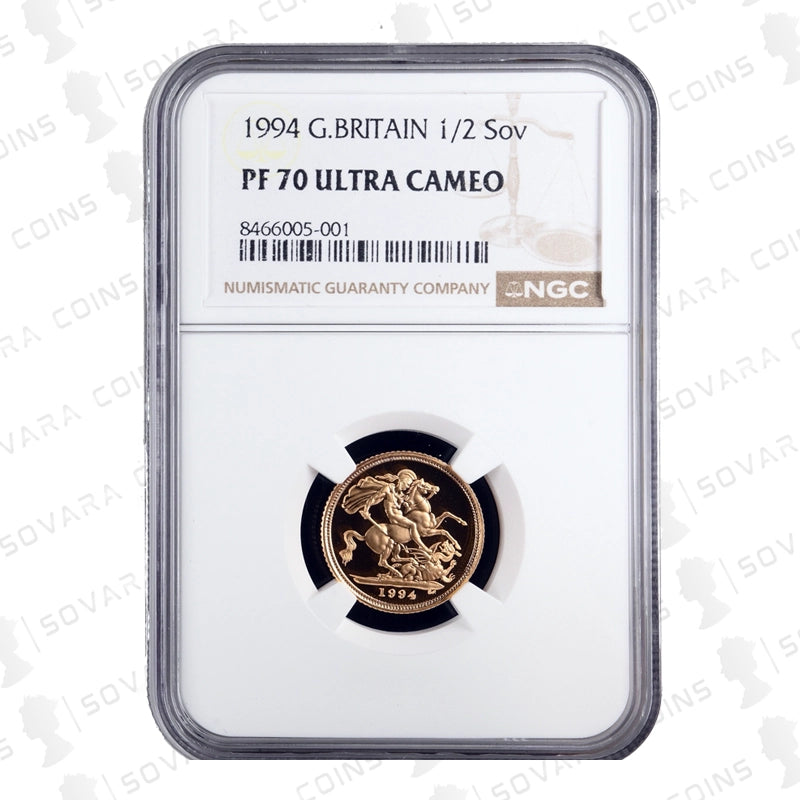 1994 Gold Proof Half Sovereign PF70 Ultra Cameo – NGC graded proof coin featuring Queen Elizabeth II and Pistrucci’s St George and the Dragon design