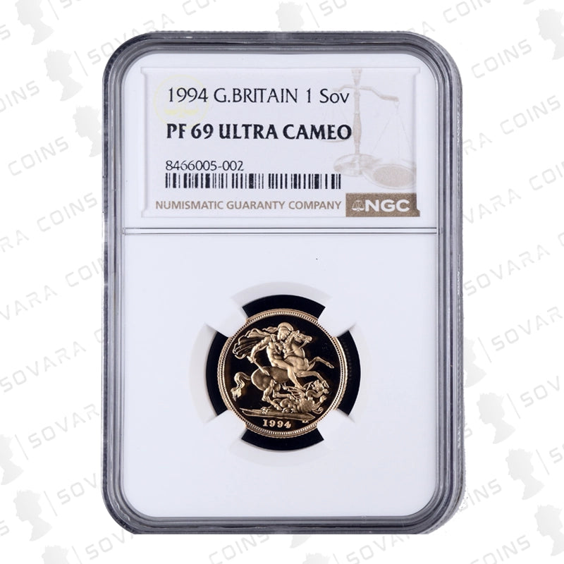 1994 Gold Proof Sovereign PF69 Ultra Cameo NGC – Queen Elizabeth II gold sovereign with St George and the Dragon reverse