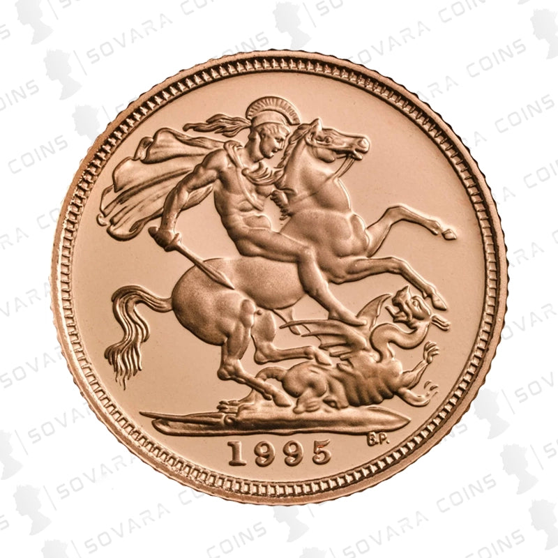 Gold sovereign with a horse and rider design, dated 1995, on a white background.