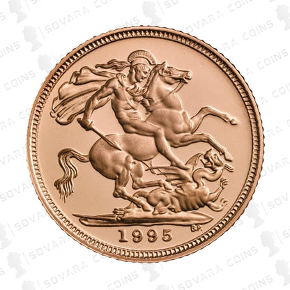 Gold sovereign with a horse and rider design, dated 1995, on a white background.