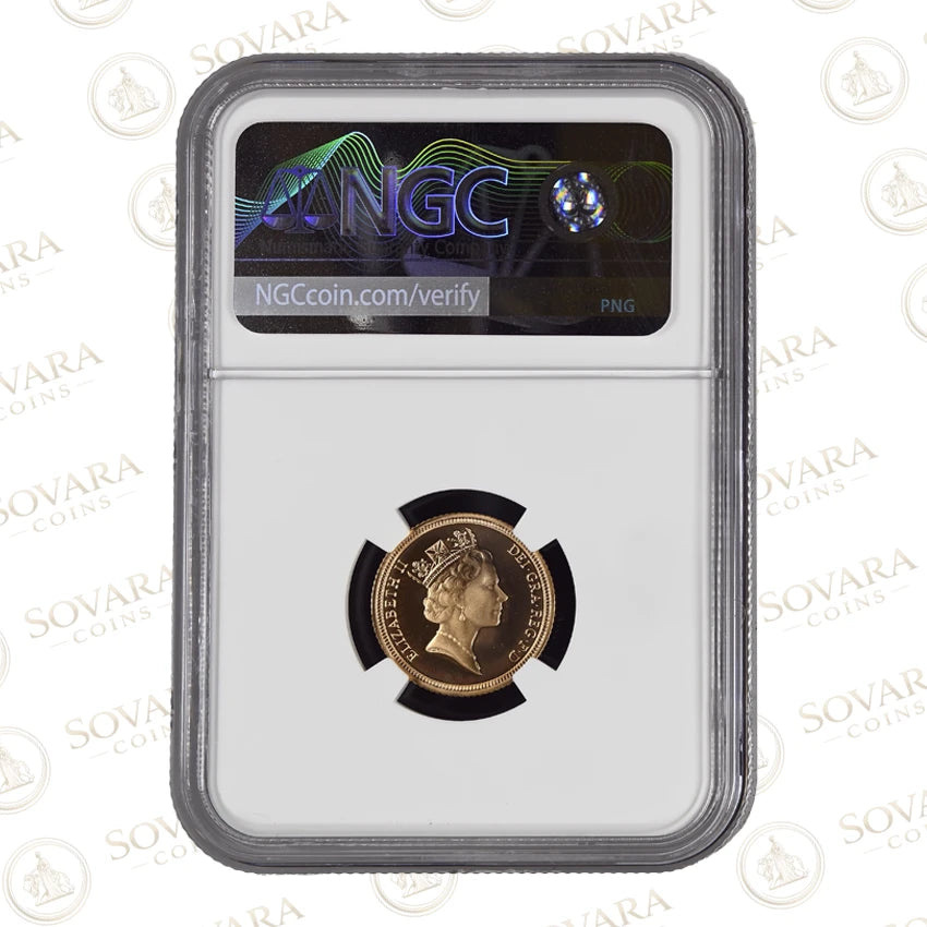 Gold coin in NGC holder with label '1995 G.Britain 1/2 Sov PF 70 Ultra Cameo'