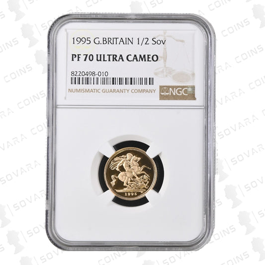 Gold coin in NGC holder with label '1995 G.Britain 1/2 Sov PF 70 Ultra Cameo'