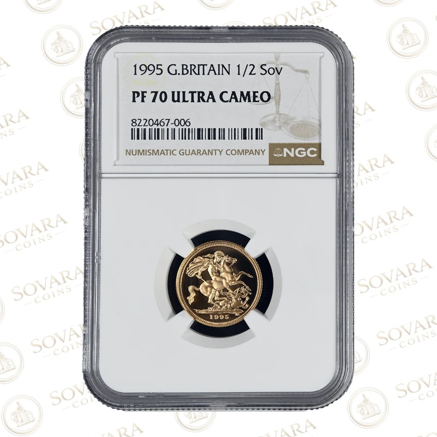 A 1995 Great Britain 1/2 Sovereign gold coin graded PF 70 Ultra Cameo by NGC, encapsulated in a clear plastic holder. The coin is gold with a black center insert, and the label details the coin's characteristics and NGC branding.