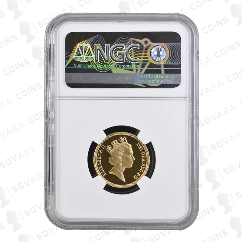 Gold coin in NGC holder on a white background