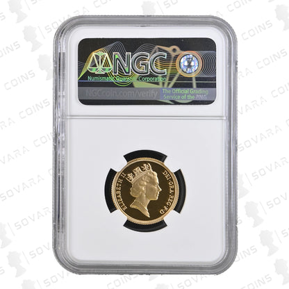 Gold coin in NGC holder on a white background