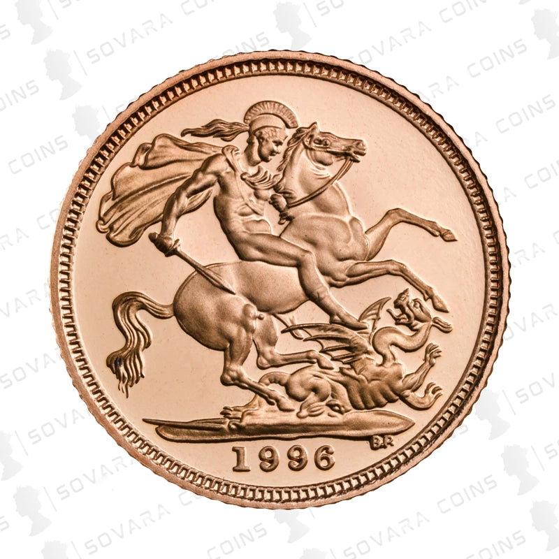 Gold sovereign with a horse and rider design, dated 1996, on a white background.