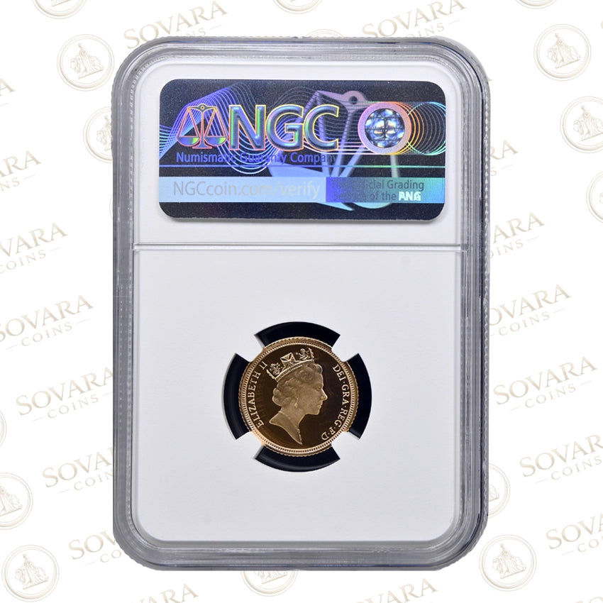 Reverse of the 1996 Gold Proof Half Sovereign PF70 Ultra Cameo in NGC holder