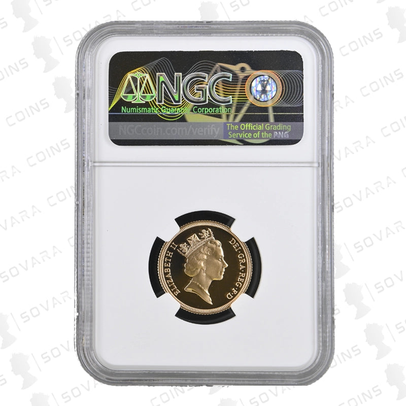 Gold coin in NGC holder with visible branding on a white background