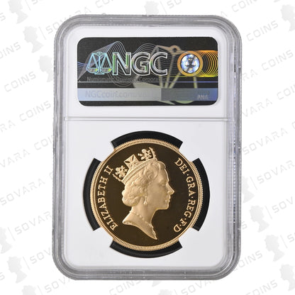 Gold coin in NGC holder with Elizabeth II portrait on a white background