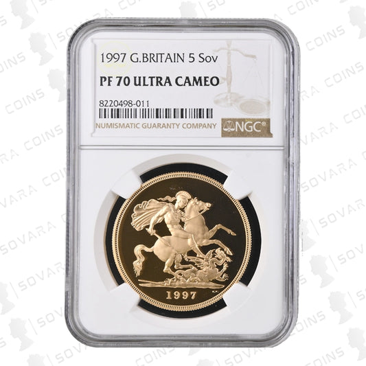 Gold coin in NGC holder with 1997 British Sovereign design, encapsulated in a clear case.
