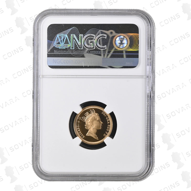 Gold coin in a protective holder with NGC label on a white background