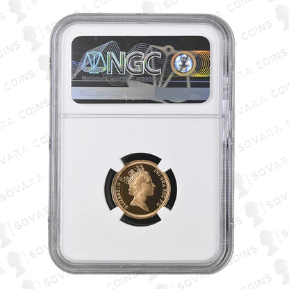 Gold coin in a protective holder with NGC label on a white background