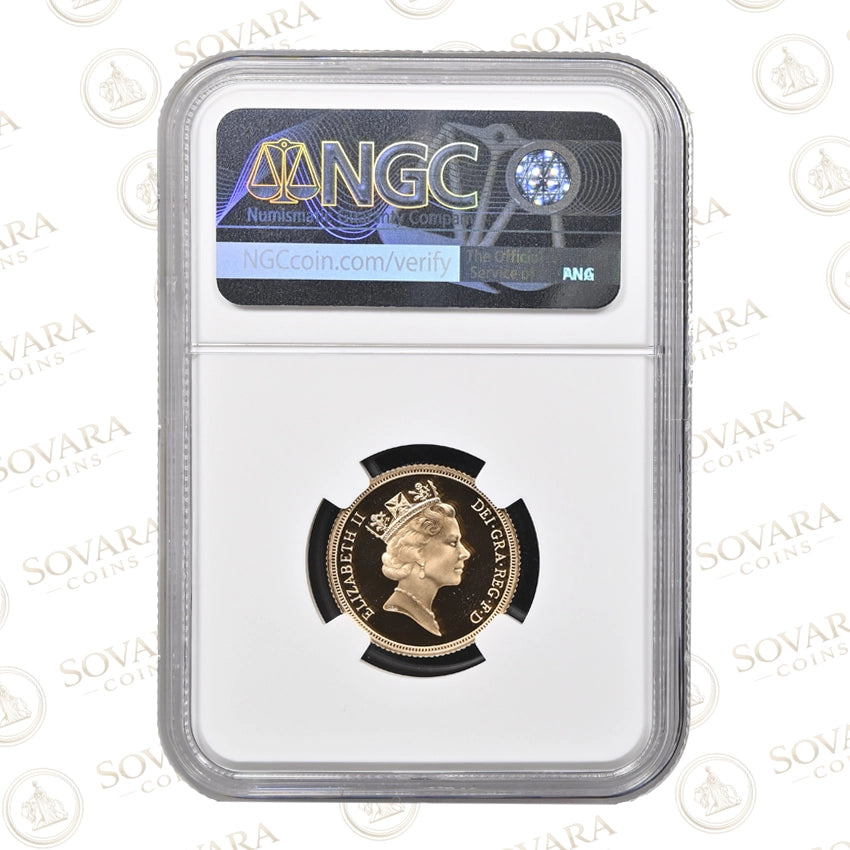 Reverse of the 1997 Gold Proof Sovereign PF70 Ultra Cameo in NGC holder