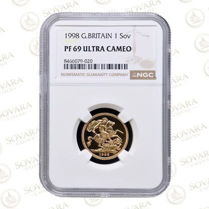 1998 Gold Proof Sovereign PF69 Ultra Cameo graded coin