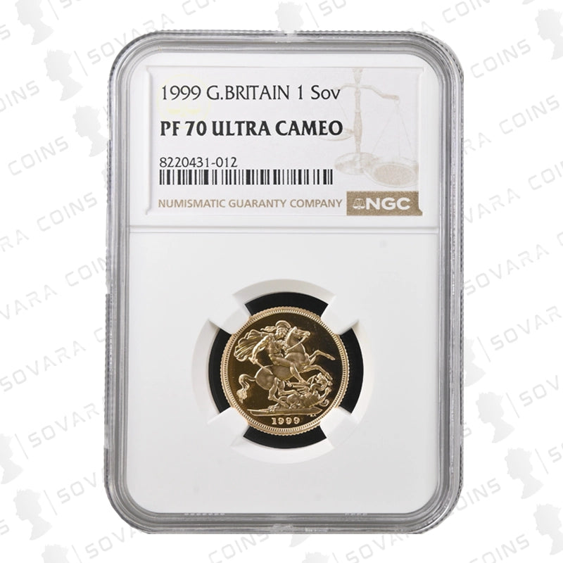 1999 Gold Proof Full Sovereign graded NGC PF70 Ultra Cameo featuring St George and the Dragon design